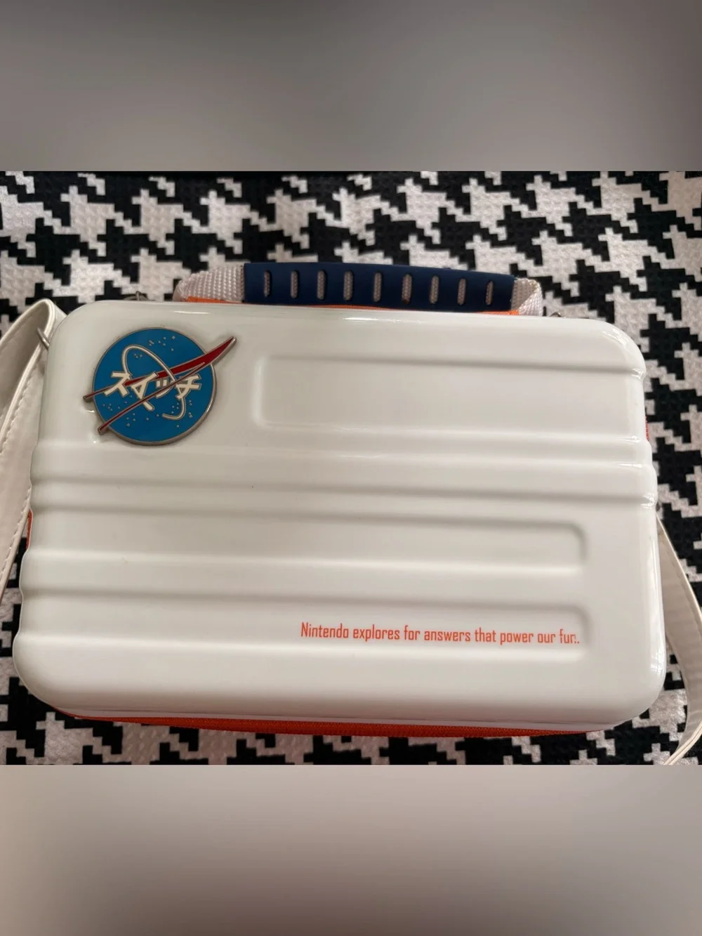 Nintendo White Portable Game Case with Blue Handle and Orange Trim